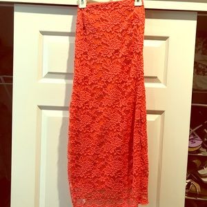 Floral coral lace strapless dress